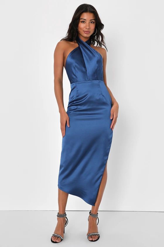 Glamorous Desires Navy Blue Satin Sleeveless Halter Midi Dress | Lulus (US)