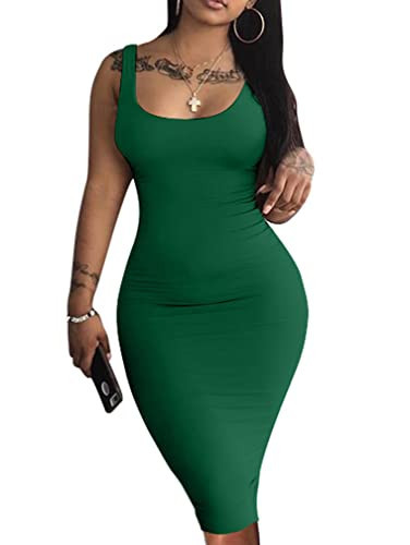 LAGSHIAN Women's Sexy Bodycon Tank Dress Sleeveless Basic Midi Club Dresses DarkGreen | Amazon (US)