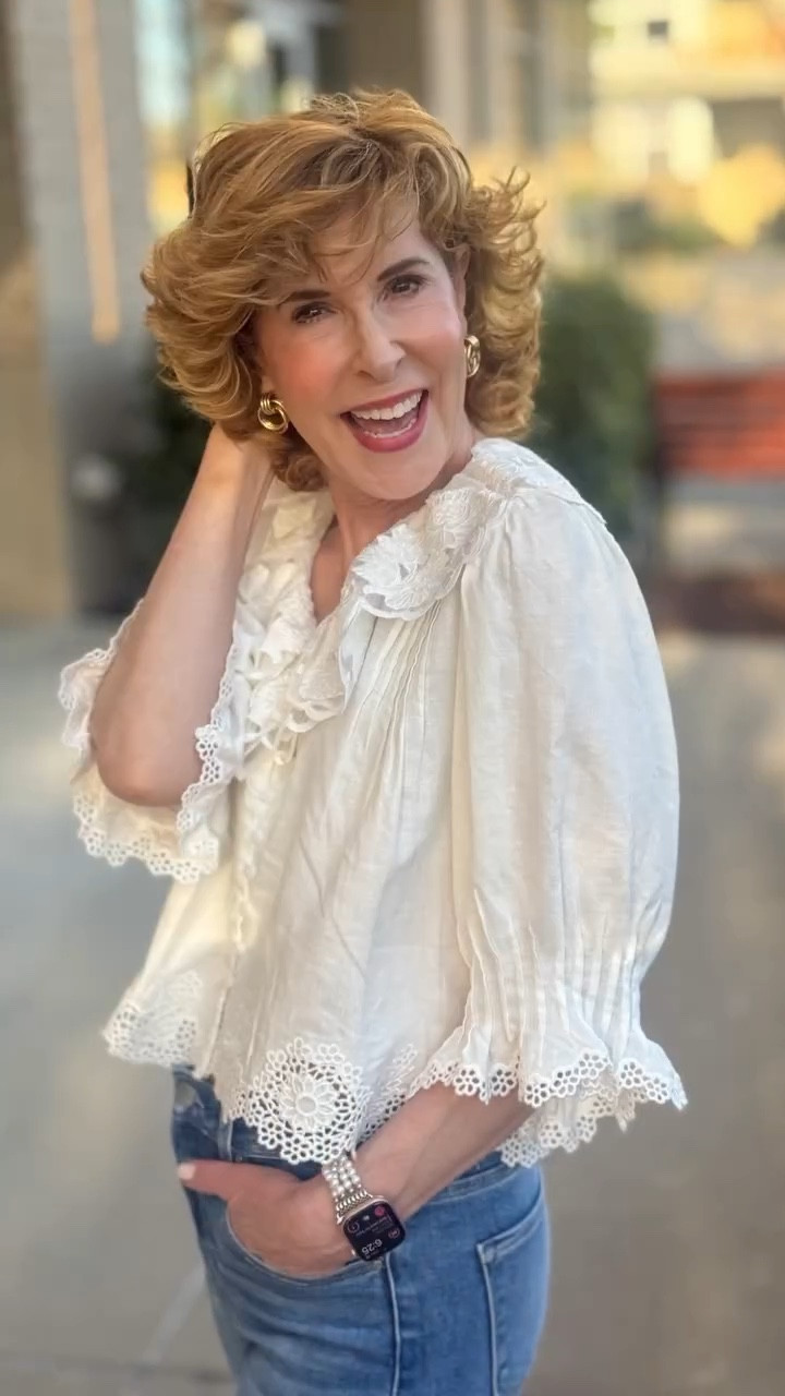 Some blouses just make you feel beautiful the moment you slip them on.
🤍
And the juxtaposition between this ultra-feminine embroidered lace blouse and these white cuffed jeans - so good.😊 
Finished it off with sparkly Mary Jane’s and my under $15 pearl watch band.



#LTKootd #LTKSeasonal
