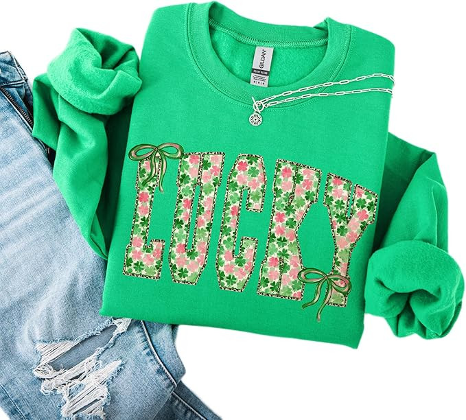 Lucky St. Patrick’s Day Sweatshirt – Shamrock Floral Letter Crewneck – Green Festive Pullov... | Amazon (US)