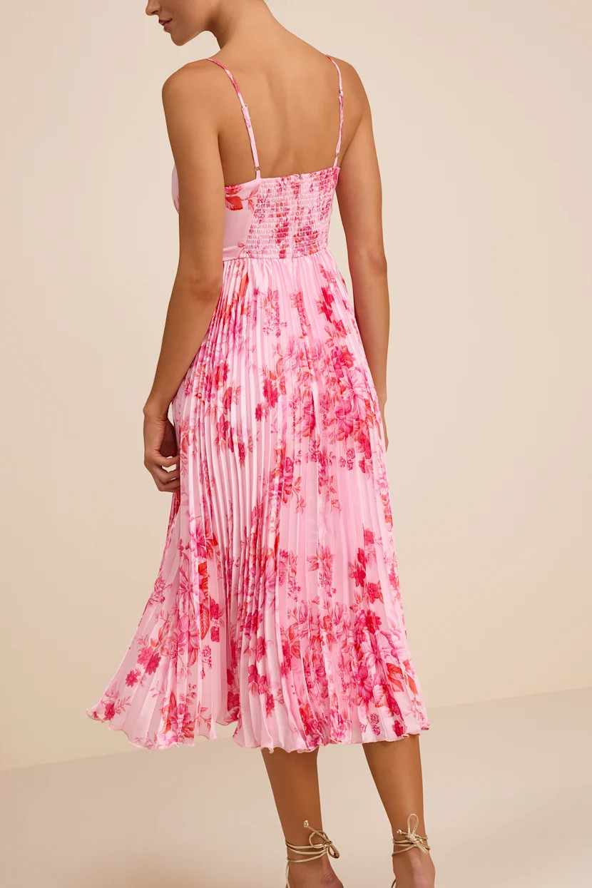Francette Pink Floral Satin Pleated Midi Dress | Lulus
