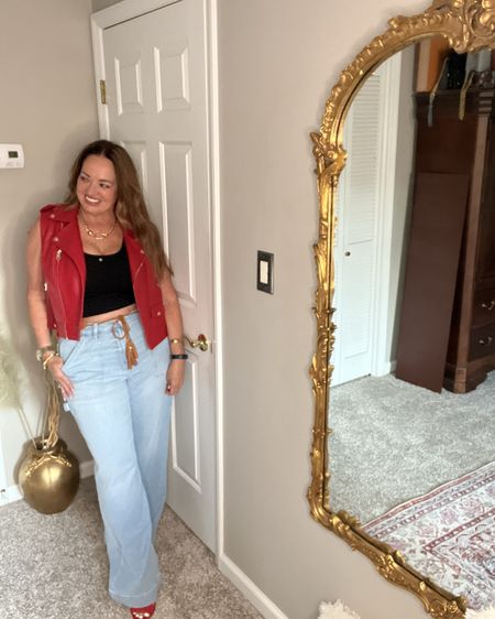 Light wash semi flare cargo style denim. It is current and perfect for Summer. If you love the moto vibe but a full jacket is to warm try the vest version. This chic bohemian belt is giving me all the fun vibez! Linked. 

#LTKStyleTip #LTKOver40 #LTKFindsUnder50