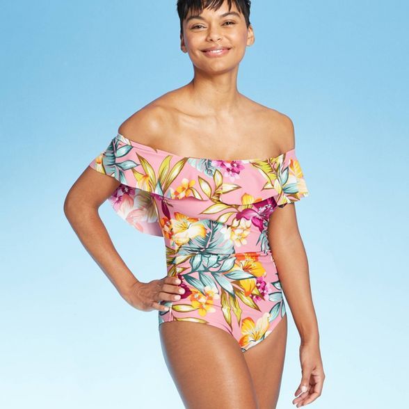 Women's Off the Shoulder Flounce High Coverage One Piece Swimsuit - Kona Sol™ Floral | Target