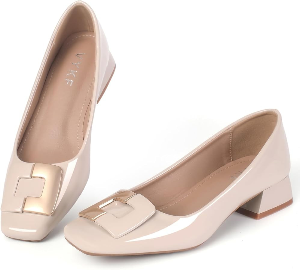 VYKF Women's Low Chunky Block Heel Leather Comfortable Square Toe Dress Shoes Pumps Office Lady S... | Amazon (US)