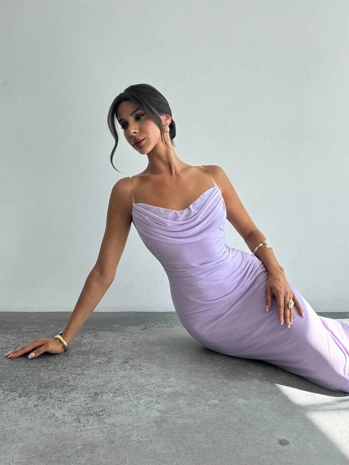 Firerie Women's Lavender Draped Neck Waist Fitted Fishtail Hem Maxi Dress, Sexy Evening Gown, Bridesmaid Dress, Elegant, Sexy, Romantic, Date, Party, Wedding Season, Graduation Ceremony, Prom, Performance, Concert,Fall Wedding Guest Dress | SHEIN
