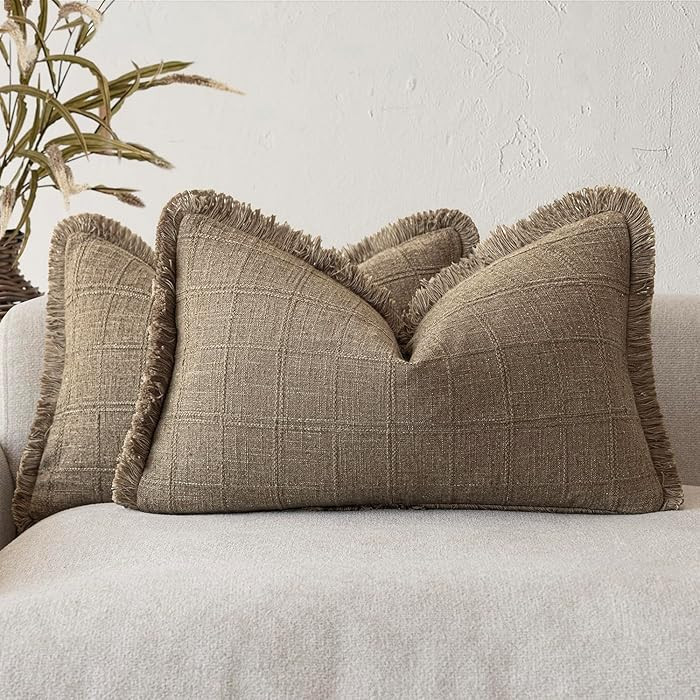 Foindtower Set of 2 Decorative Linen Check Fringe Throw Pillow Covers Farmhouse Lumbar Cushion Co... | Amazon (US)