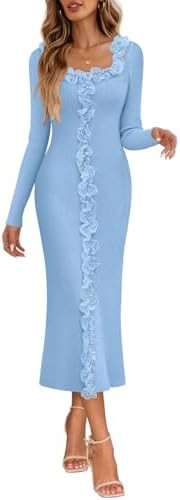 MEROKEETY Women's Fall Long Sleeve Sweater Dress 2025 Bodycon Square Neck Ruffle Ribbed Knit Midi... | Amazon (US)