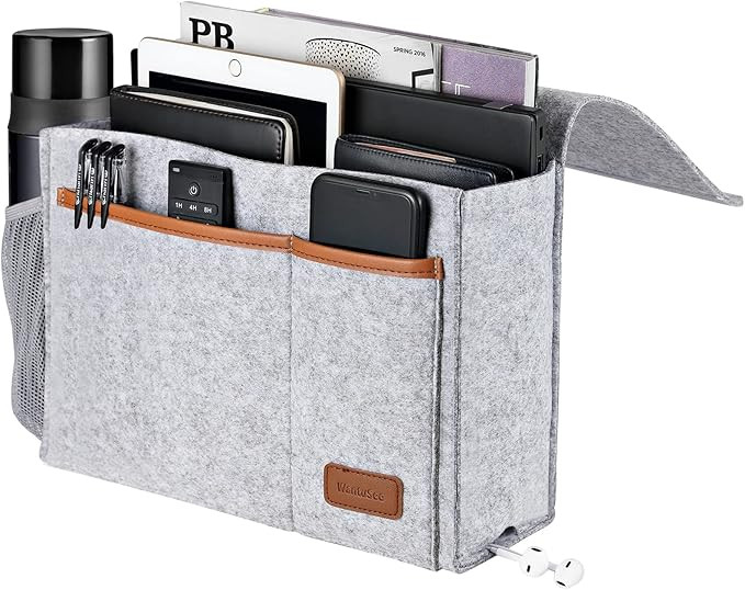 Bedside Caddy, Felt Bed Storage Organizer Hanging Bag Holder with 5 Pockets, Magazine Book Phone ... | Amazon (US)