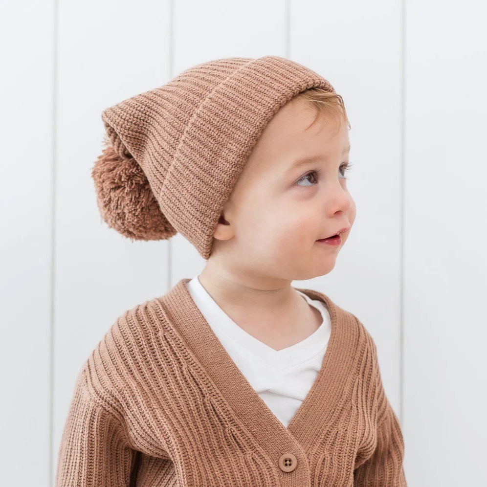 Chunky Knit Pom Beanie in Latte | Kyte Baby