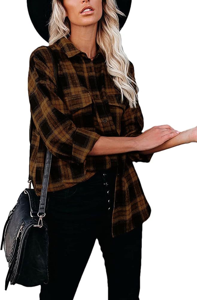 Megfie Oversized Womens Flannel Plaid Soft Flannel Button Down Shirt Roll Up Long Sleeve Flannel ... | Amazon (US)