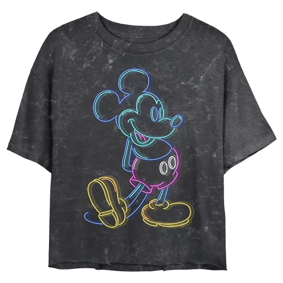 Juniors Womens Mickey & Friends Bright Neon Mickey Mouse Outline Mineral Wash Crop T-Shirt | Target