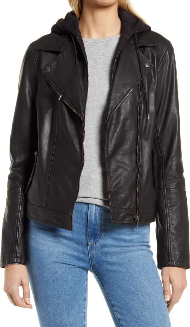 Caslon® Leather Moto Jacket with Removable Hood | Nordstrom | Nordstrom