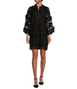 Seraphina Floral 3D Lace Split V Button Up Long Sleeve Shift Dress | Dillard's