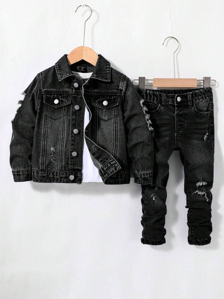 SHEIN 2 Pezzi Giacca Di Jeans Casual Alla Moda Con Tagli, Strappature E Orli Sfrangiati Per Ragazzi, E Jeans Con Design Elastico Con Tagli, Strappature E Orli Sfrangiati, Adatti Per Uso Quotidiano E Outfit Autunnali Per Ragazzi | SHEIN