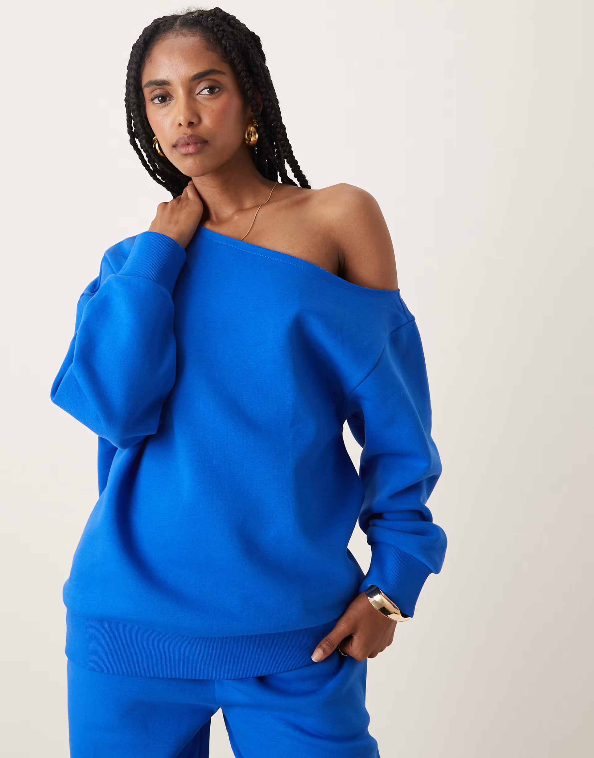 ASOS DESIGN off the shoulder brushback sweatshirt in blue | ASOS | ASOS (Global)
