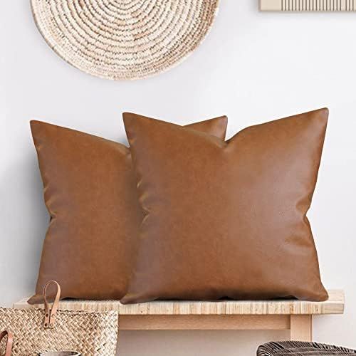 Faux Leather Pillow Cover (2-Pack 18 x 18”) Brown Throw Pillow Case - Modern Boho Farmhouse Dec... | Amazon (US)