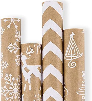 RUSPEPA Christmas Wrapping Paper - Brown Kraft Paper with 3D White Christmas Elements Print Paper... | Amazon (US)