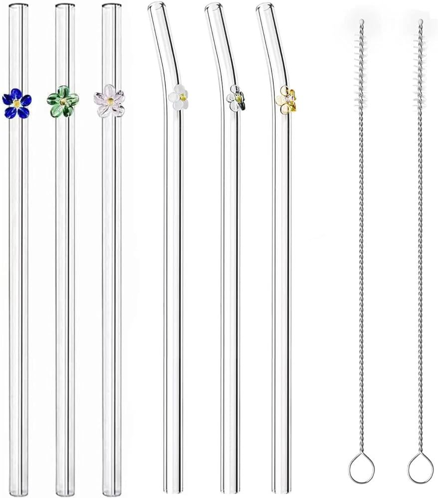 6PCS Reusable Glass Straw W/Design Glass Straw Flower,Colorful Straws Cocktails Bar Accessories W... | Amazon (US)