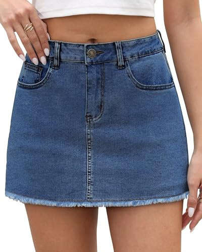 KDF Denim Skort for Women High Waisted Denim Mini Skirt Stretch Women Jean Skirt Shorts with Trendy Frayed Raw Hem Dark Blue Size 16 | Amazon (US)