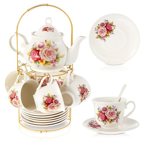 Zhehao 20 Pcs Porcelain Tea Set with Metal Holder and Spoon Adult Ceramic Tea Set European Flower Painting Teapot Cup Saucer Spoon for Women, Large Version(Modern Style) | Amazon (US)