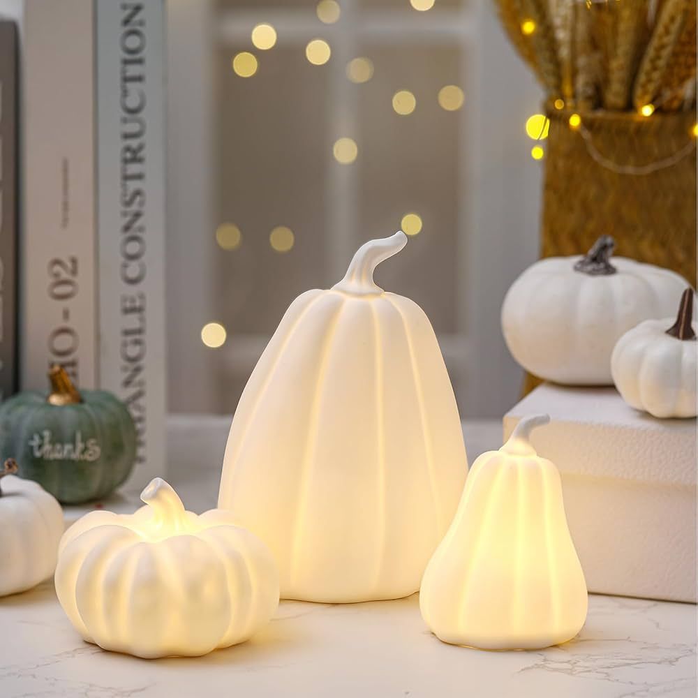 Domensi 3 Pcs Lighted Ceramic Pumpkin Decorations Fall Thanksgiving Pumpkin Table Centerpiece Gif... | Amazon (US)