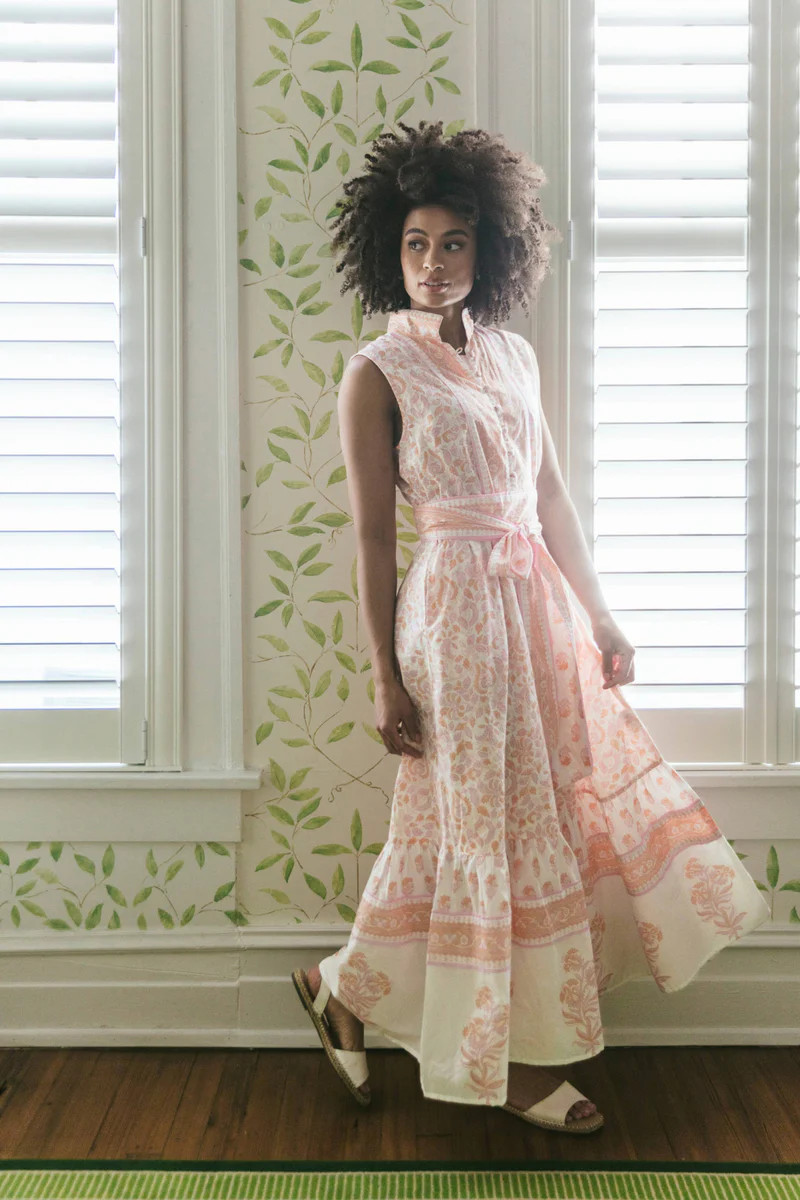 Sue Sartor Sleeveless Flounce™️ Maxi | Pastel Pink/Peach Larkspur | SUE SARTOR