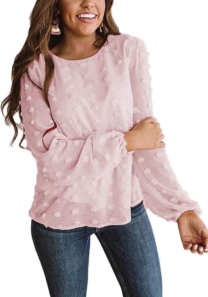 Womens Chiffon Blouse Swiss Dot Casual Round Neck Long Sleeve Pom Pom Shirts Back Keyhole Tops | Amazon (US)