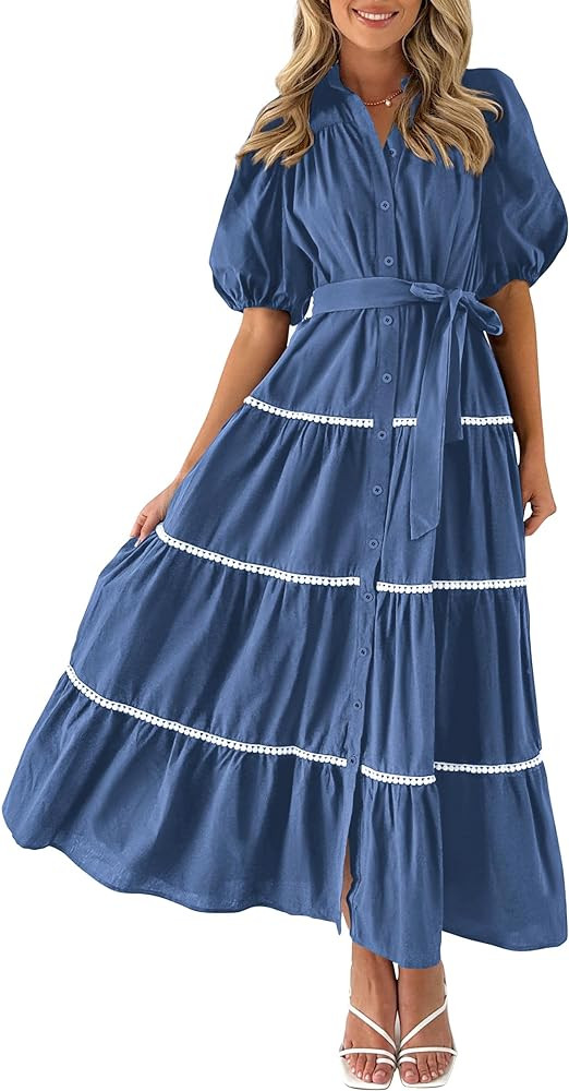 PRETTYGARDEN Women's Summer Button Down Shirt Dress Short Puffy Sleeve Tiered Ruffle Flowy Long M... | Amazon (US)