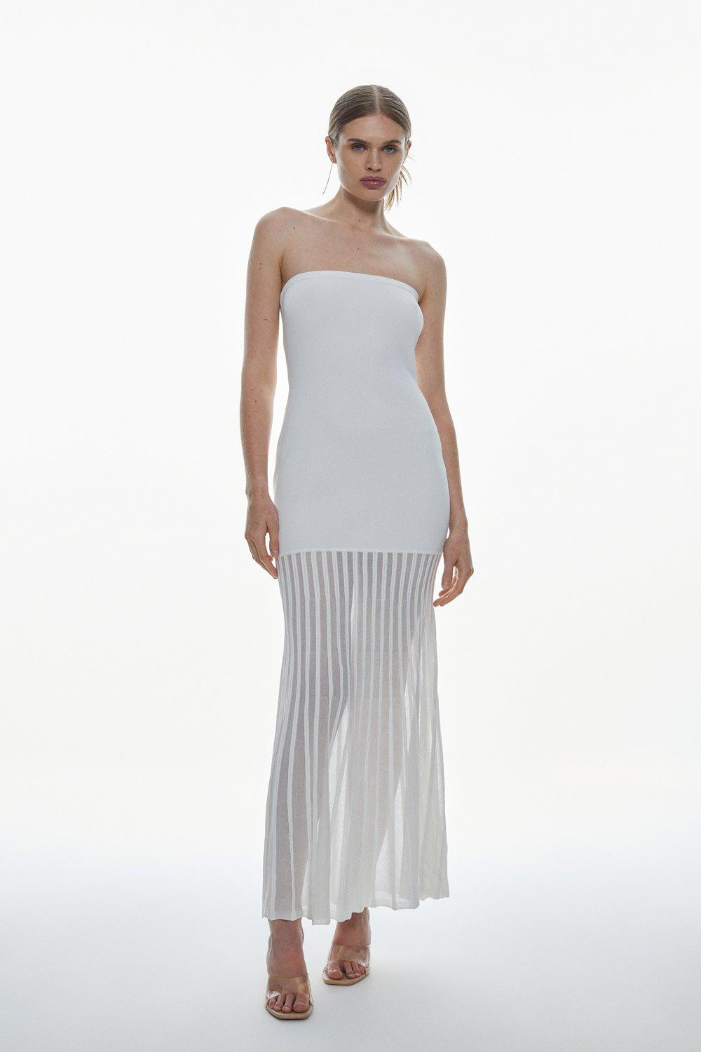 Viscose Blend Sheer Knit Bandeau Pleated Skirt Maxi Dress | Karen Millen UK + IE + DE + NL