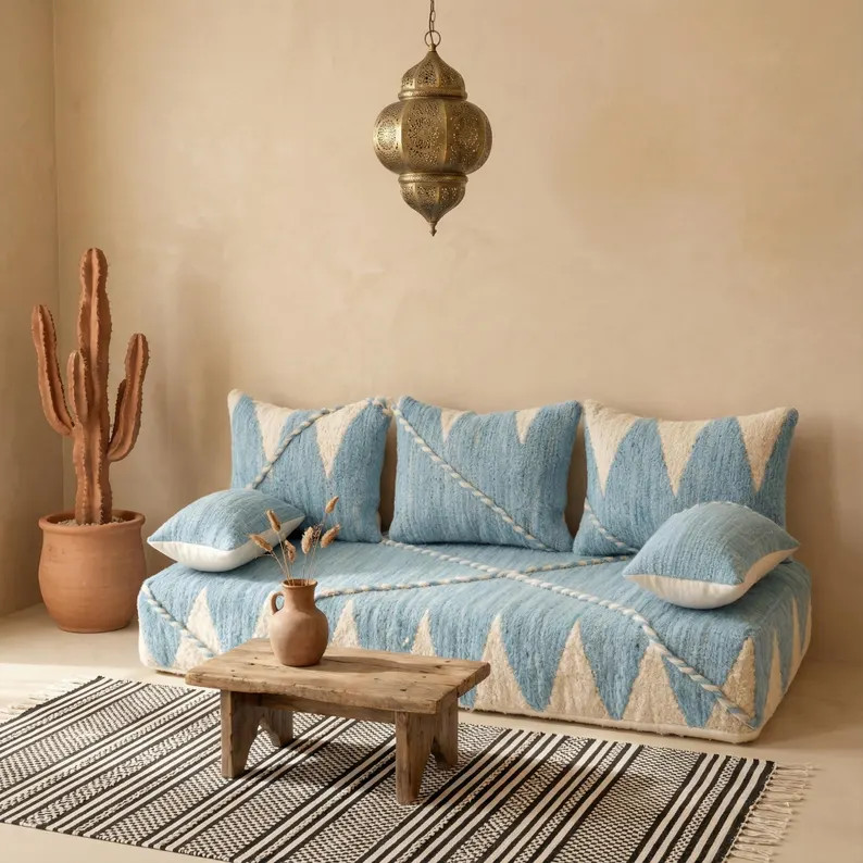 Large Arabic Majlis Sofa, Moroccan Wool Floor Sofa Bed, Handmade Beni Ourain Loveseat, Blue Togo ... | Etsy (Global)