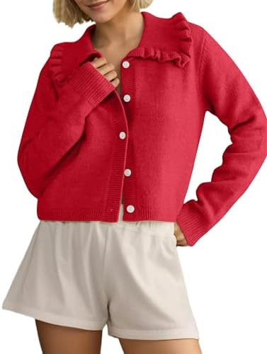 MISSACTIVER Women Ruffle Collar Cropped Cardigan Casual Lapel Button Down Sweaters Long Sleeve Op... | Amazon (US)