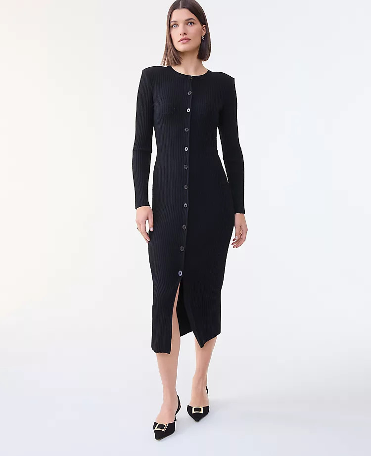 Ribbed Button Sweater Dress | Ann Taylor