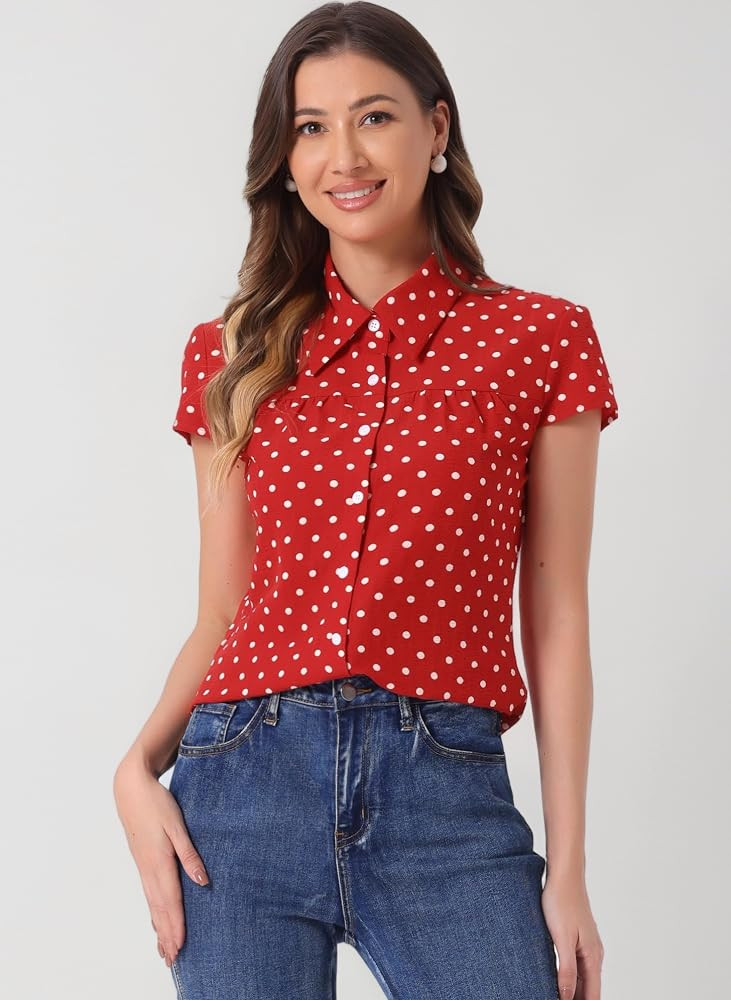 Allegra K Women's Vintage Short Sleeve Polka Dots Top Shirt | Amazon (UK)