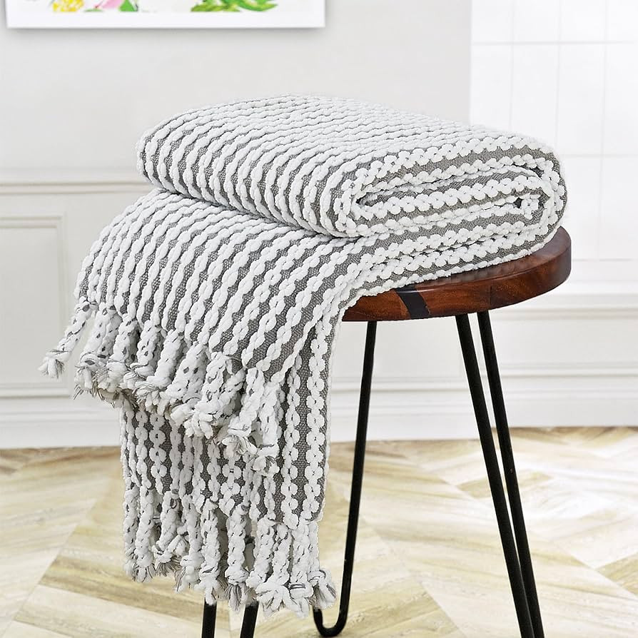Striped Knit Throw Blanket with Braided Tassels 50" x 60", Hand Knitted Soft Chunky Chain Design ... | Amazon (US)