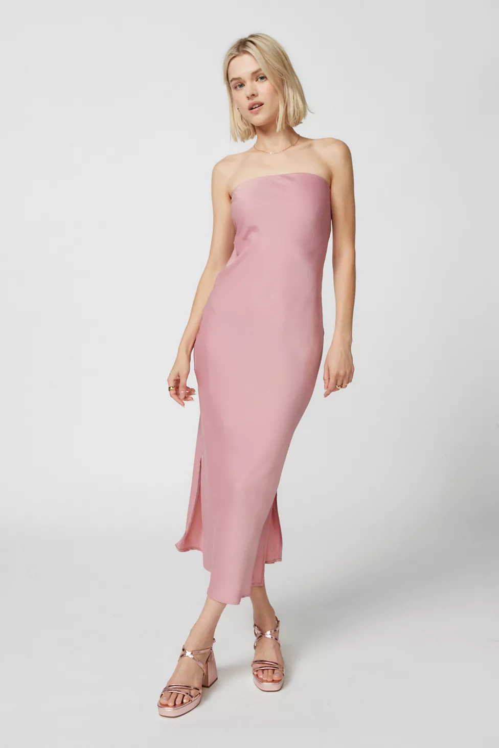 UO Rina Satin Strapless Midi Dress | Urban Outfitters (US and RoW)