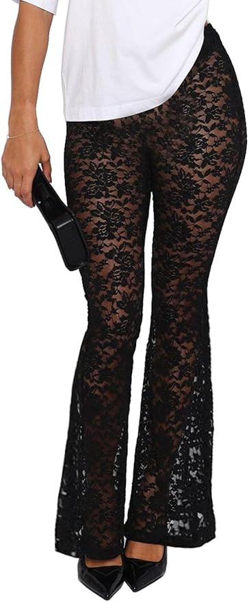 Dressmine Women Black Rave Sexy Lace Pants Mesh Sheer Flare Bottom Leggings Hollow Out Cover Up 7... | Amazon (US)