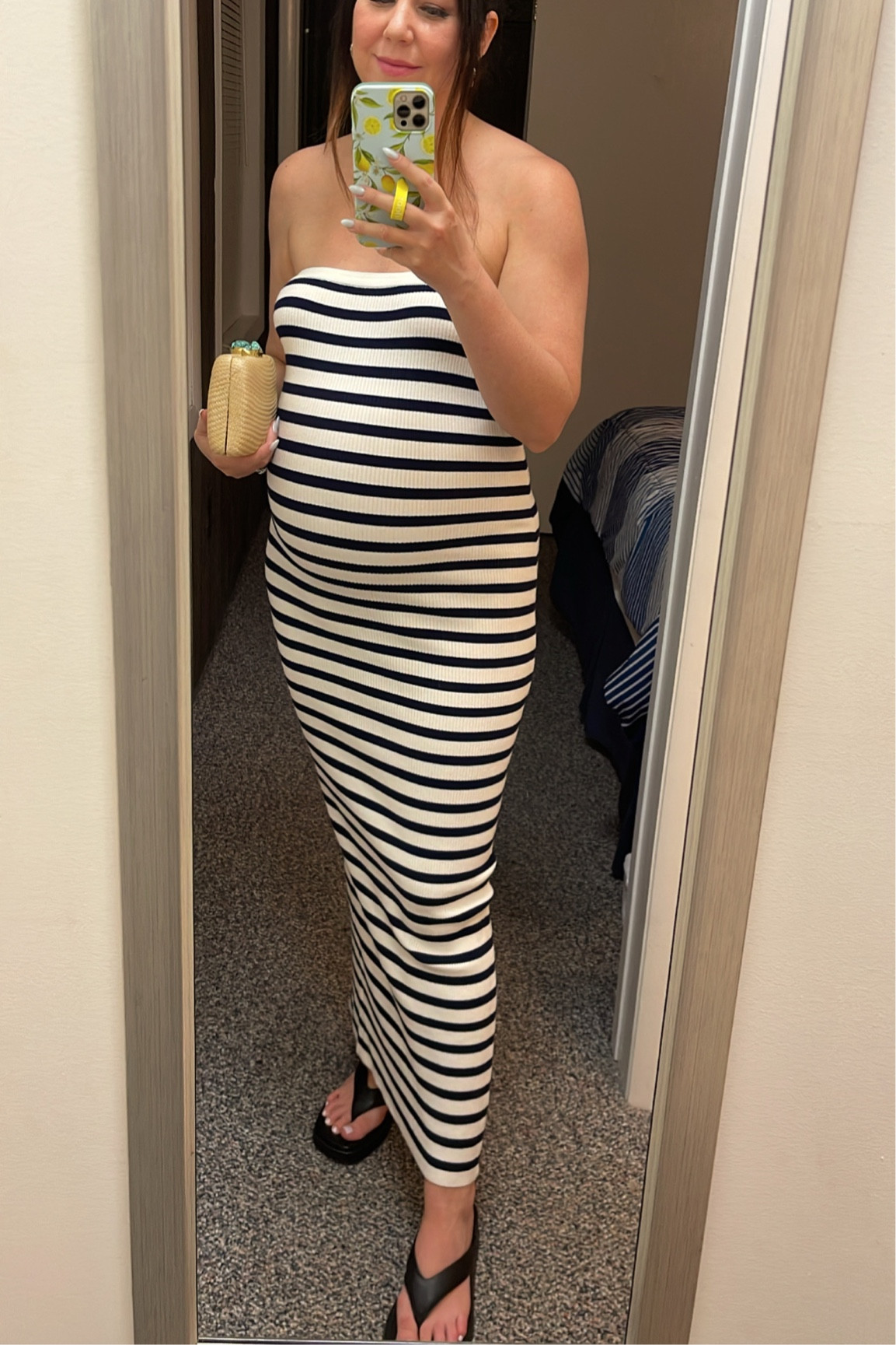 Bump friendly maternity sweater dress, strapless dress, maxi dress, black and white stripe dress, black platform flip flop sandals, coastal outfit, fall transition outfit

Wearing size large in dress but could have sized down to medium

#LTKSeasonal #LTKshoecrush #LTKbump