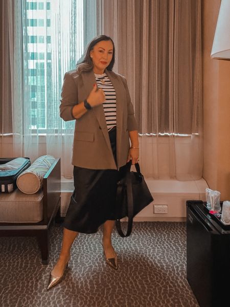 Ready for Monday? Office style. Business casual. Silk skirt. Striped tee. Olive blazer. Kitten heels. 

#LTKMidsize #LTKStyleTip #LTKOver40
