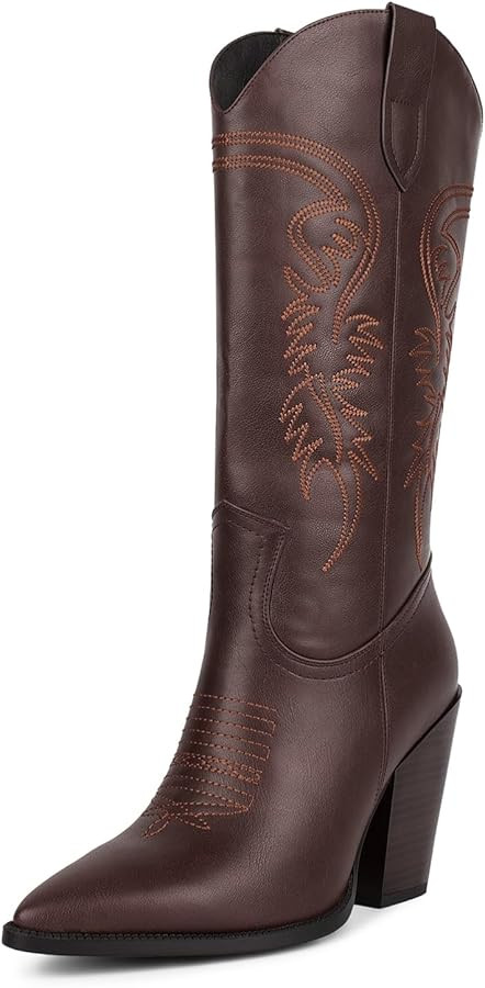 ISNOM Cowgirl Boots for Women, Embroidered Pointed Toe Chunky Heel Western Boots | Amazon (US)