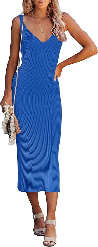 MEROKEETY Womens 2024 Summer V Neck Knit Midi Dress Bodycon Sleeveless Ribbed Sweater Dresses | Amazon (US)