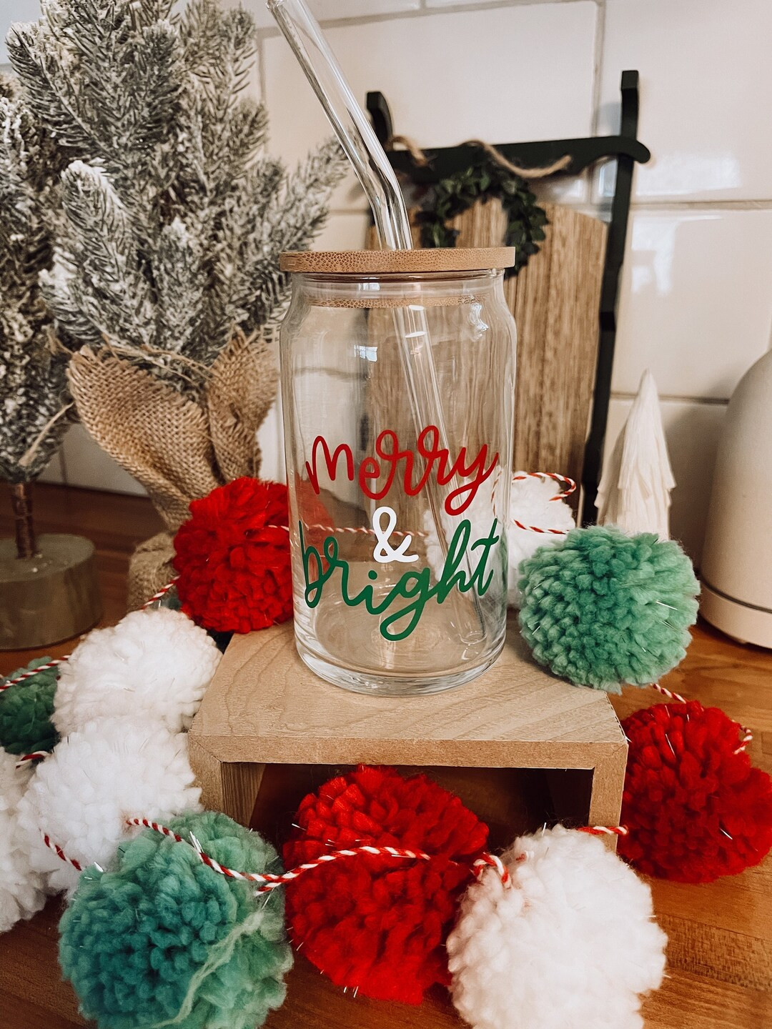 Merry and Bright Iced Coffee Glass with Bamboo Lid & Glass Straw 16 oz | Beer Can Glass, Can Glas... | Etsy (US)