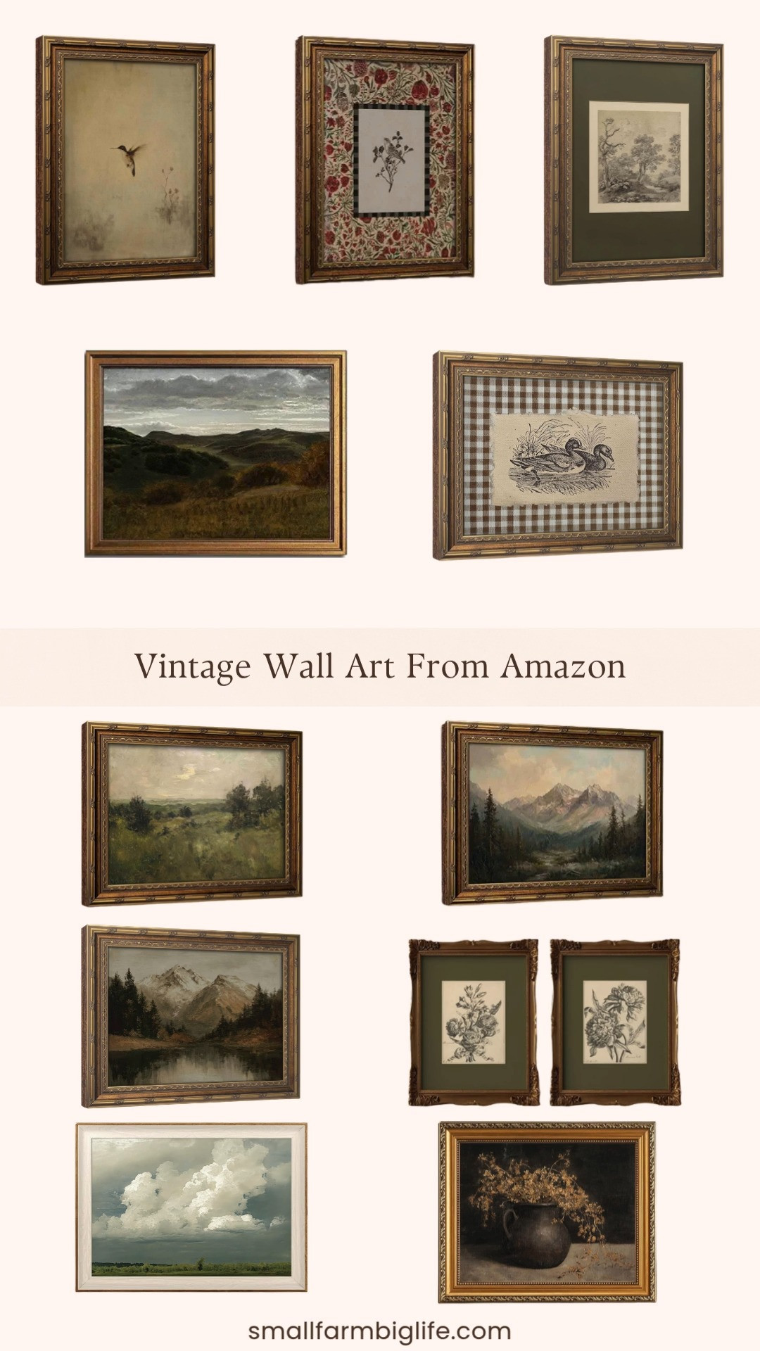 Vintage gold framed wall art is such an easy way to bring cottagecore and farmhouse charm into any room.

The hummingbird canvas print has a beautiful antique oil painting look, perfect for a bathroom or bedroom gallery wall. The green forest landscape and green grass countryside prints both bring a moody, natural feel with their vintage gold frames.

For a botanical touch, the sketch bird illustration with red flowers and the brown gingham sketch ducks canvas print add a rustic, cottagecore charm. The olive green matted flower sketch is an unframed botanical piece perfect for a bedroom or living room.

If you love a moody landscape, the mountain landscape prints from KBKBART and KKP both have that classic countryside farmhouse feel. The forest lake scenery poster is a great botanical option for an office or living room.

Rounding it out, the dark floral autumn painting brings a warm, French country cottage feel, perfect for a bathroom or living room wall.

#vintagewallart #farmhousedecor #cottagecoredecor #amazonhomefinds #falldecor 

 #LTKHome