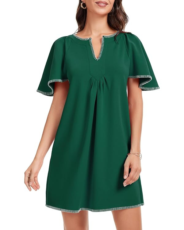 HOULENGS Women's Summer Ruffle Short Sleeve A Line Mini Dress Casual Contrast Trim V Neck Short D... | Amazon (US)