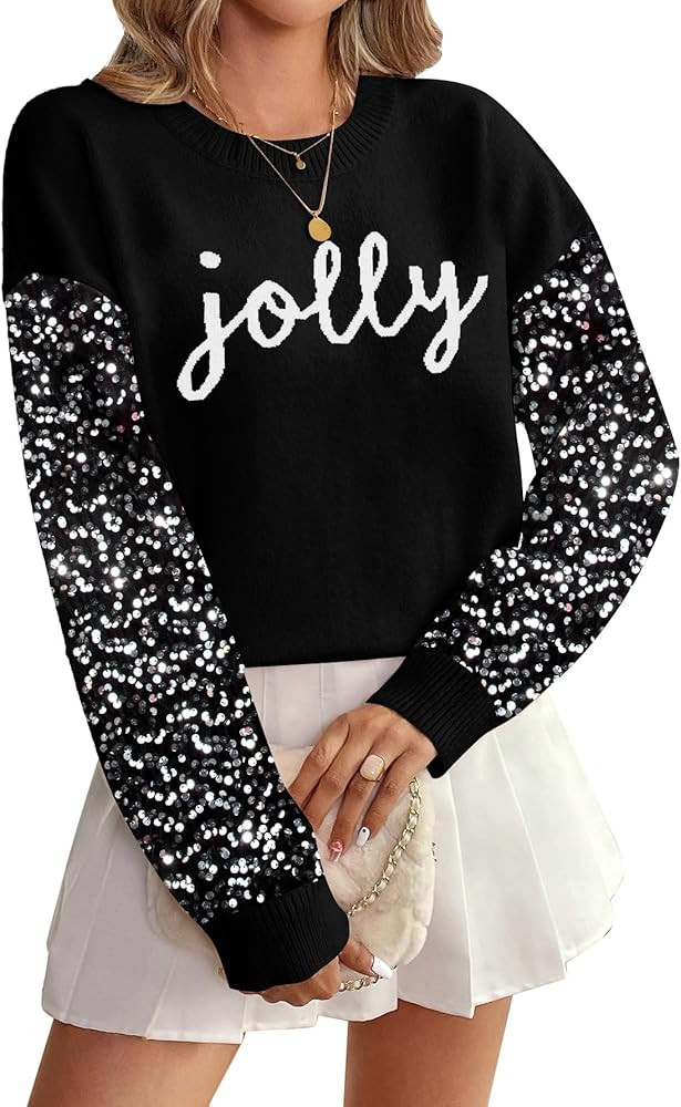 Christmas Sequin Sweater Womens Believe Christmas Sweatshirt Crewneck Long Sleeve Xmas Holiday Kn... | Amazon (US)