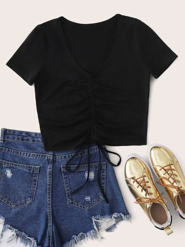 SHEIN Crop T-Shirt mit Kordelzug vorn | SHEIN