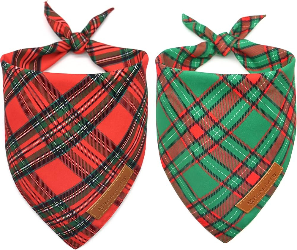 Realeaf Christmas Dog Bandanas 2 Pack, Reversible Red Green Plaid Dog Scarf, Xmas Pet Bandana for... | Amazon (US)