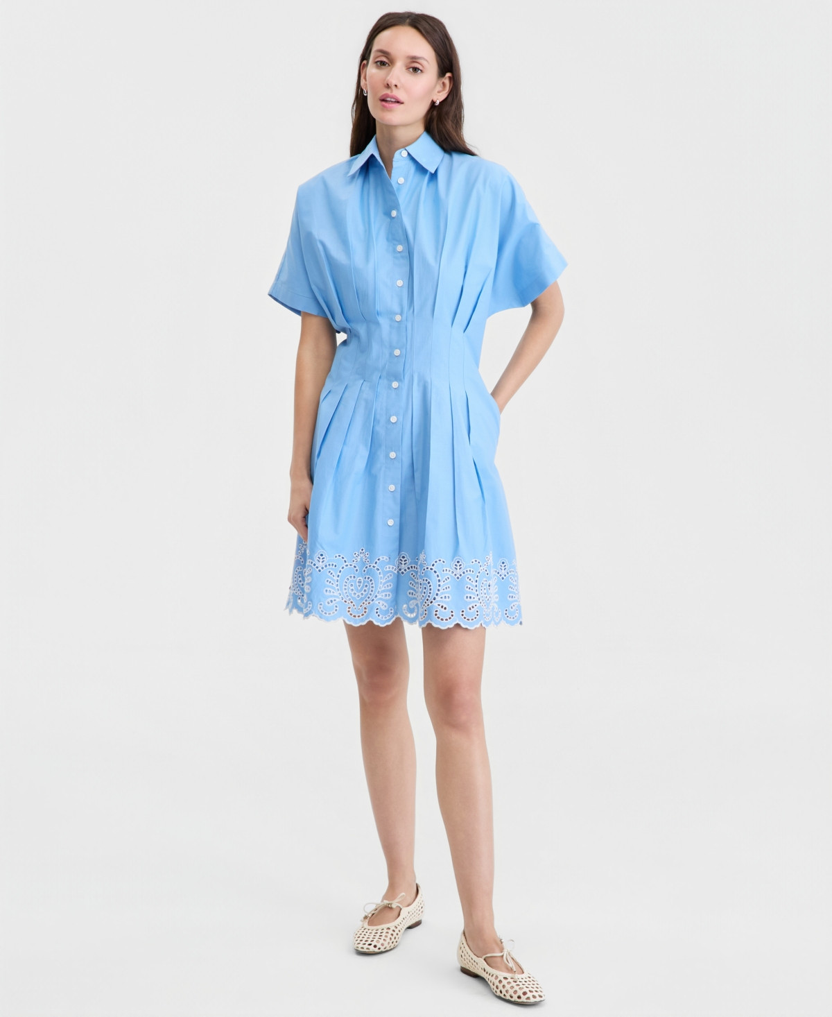 On 34th Women's Cutwork-Hem Mini Shirtdress, Macy's Exclusive - Blue Cosmos | Macy's