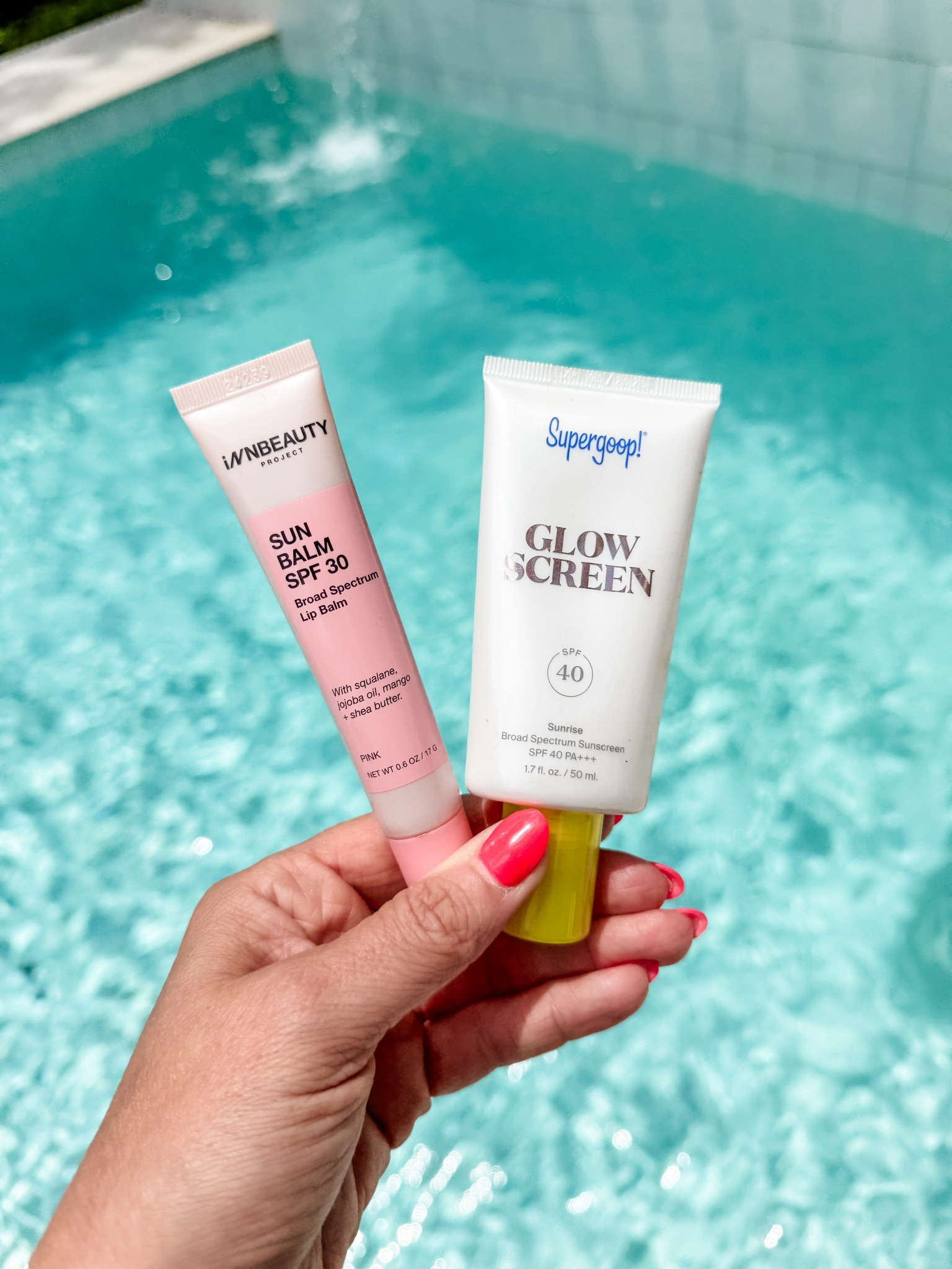 My 2 pool/beach bag essentials.  I do not go out in the sun without them…
- glow screen is a tinted radiant sun screen spf 40
- Inn beauty sun balm (for lips) is spf 30

#LTKOver40 #LTKTravel #LTKSwim