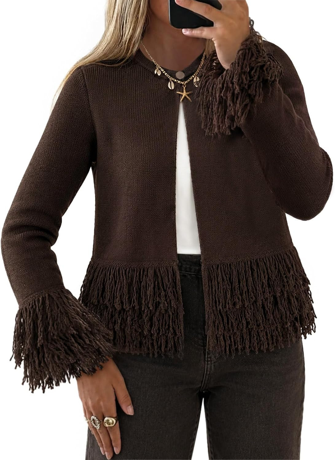 Yousify Fringe Tops for Women Crew Neck Button Down Crochet Cardigan | Amazon (US)