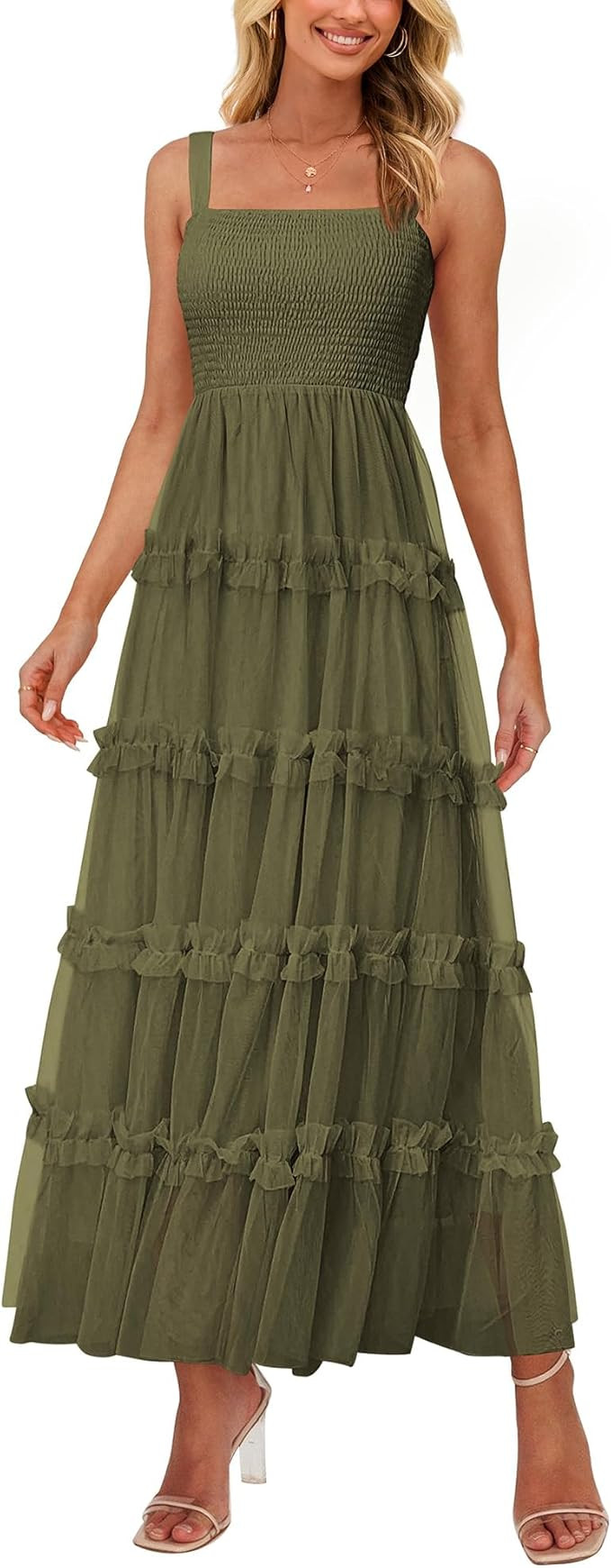 PRETTYGARDEN Women's Summer Dresses 2025 Sleeveless Smocked Tiered Ruffle Tulle A-Line Flowy Wedd... | Amazon (US)